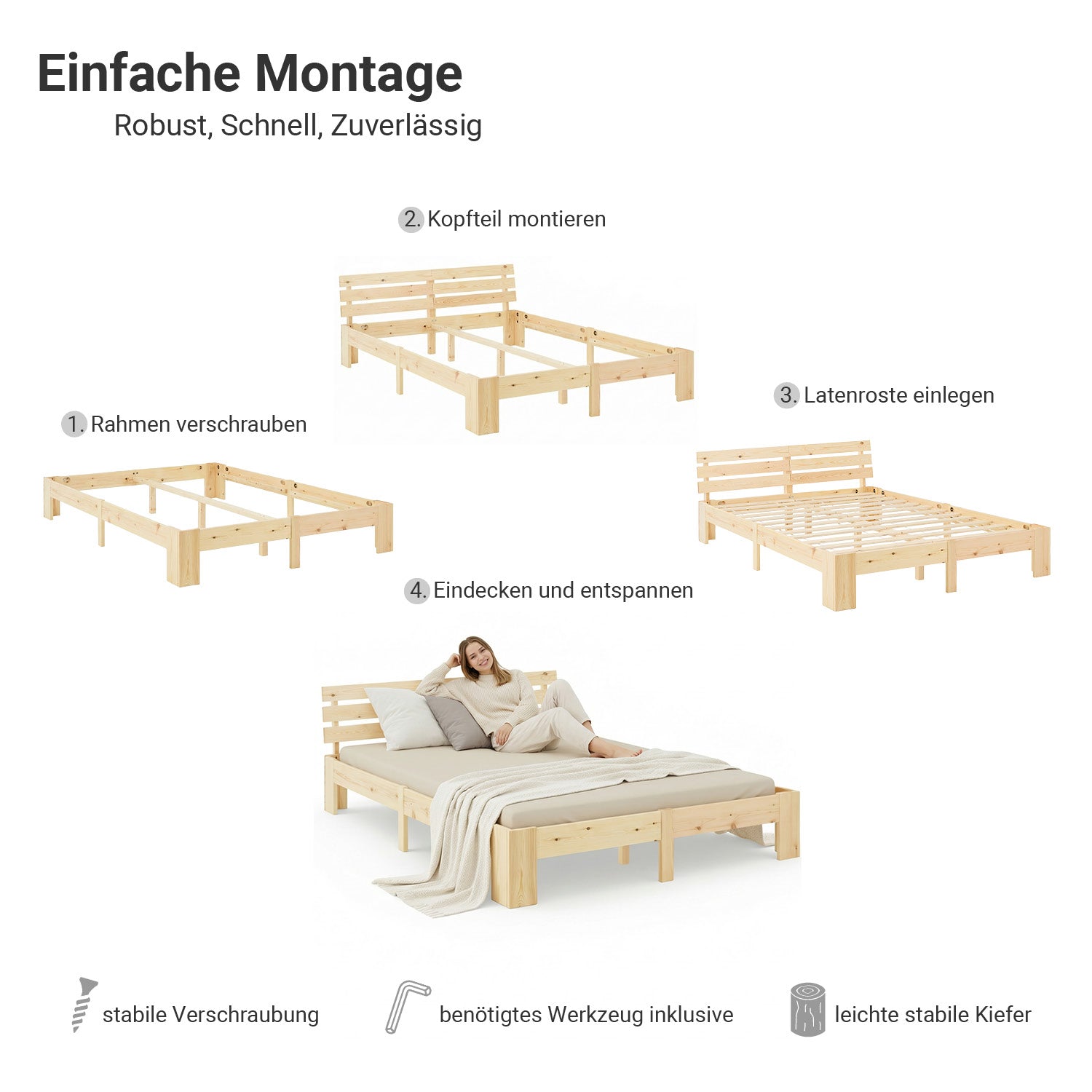 Holzbett mit Matratze 140x200 cm Natur