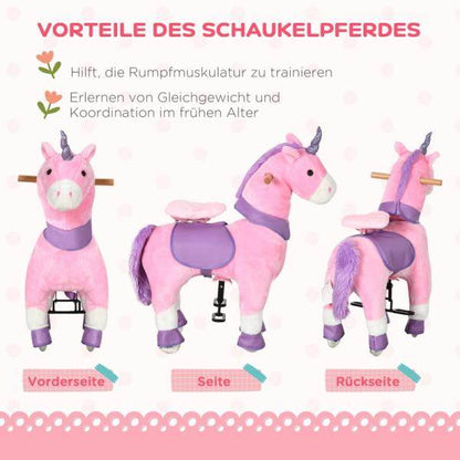 Schaukelpferd Einhorn 4 Rollen 2 Pedale gepolsterter Sattel Pink + Lila + Weiss - Palo24