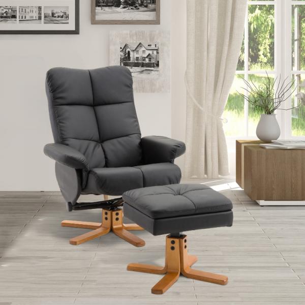 Relaxsessel mit Liegefunktion 360° drehbarer Sessel PU Holzgestell Schwarz