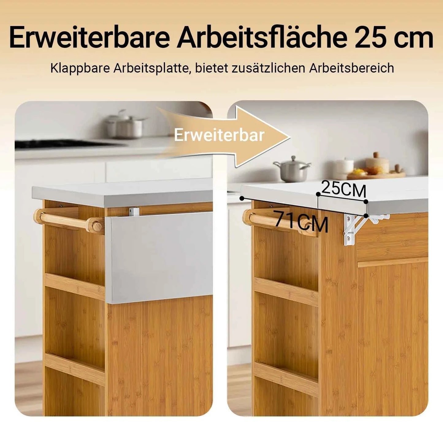 Kücheninsel | Küchenwagen mit erweiterbarer Arbeitsfläche | Küchenschrank Bambus