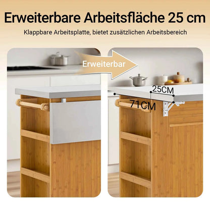 Kücheninsel | Küchenwagen mit erweiterbarer Arbeitsfläche | Küchenschrank Bambus