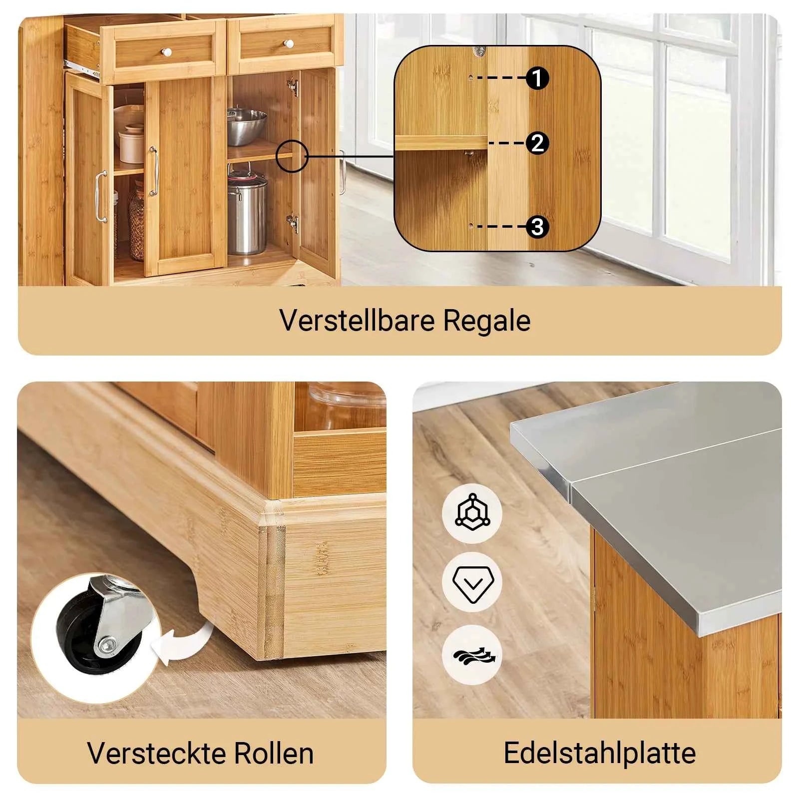 Kücheninsel | Küchenwagen mit erweiterbarer Arbeitsfläche | Küchenschrank Bambus
