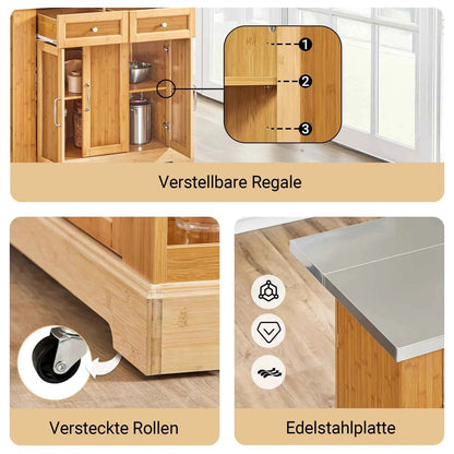 Kücheninsel | Küchenwagen mit erweiterbarer Arbeitsfläche | Küchenschrank Bambus