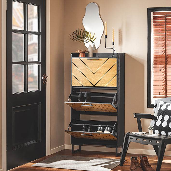 Schuhkipper mit 3 Klappen | Schuhschrank schmal | Schwarz-Braun - Palo24