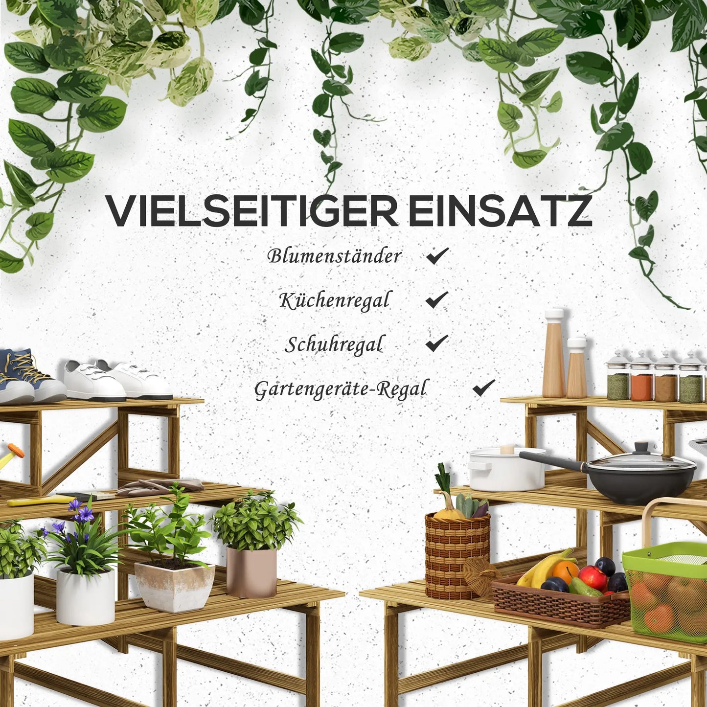 Etagère à fleurs escalier plante bois de sapin 3 marches L120 x L80 x H80cm