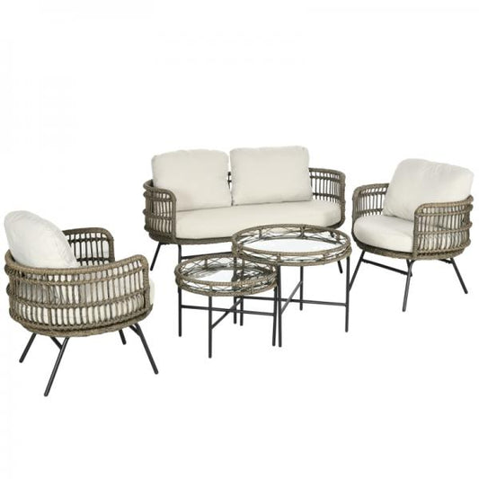 5-teiliges Gartenmöbel-Set Lounge aus PE-Rattan, 2 Sessel, 1 Sofa, 2 Beistelltisch, Boho-Stil, Braun+Grau - Palo24