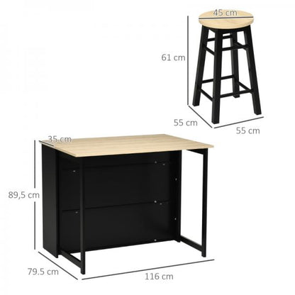 3 pièces. Ensemble de bar, table de bar avec plateau rabattable, 2 tabourets de bar, 6 compartiments de rangement, noir + chêne, 116 x 795 x 89,5 cm