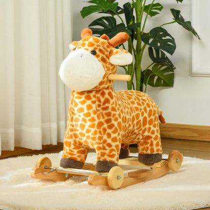 Cheval à bascule 2 en 1 avec roues, jouet en peluche, balançoire pour bébé, motif girafe, jaune