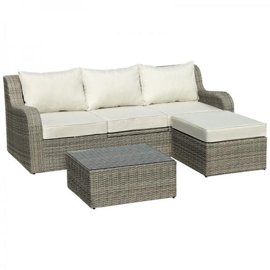 3-tlg. Polyrattan Set Gartengarnitur Sitzgruppe Loungemöbel mit Beistelltisch Kissen Hellgrau+Beige