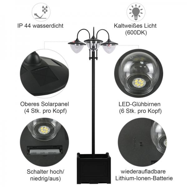 Solarleuchte Gartenlicht 3-köpfige Lampe mit Blumentopf-Basis Wasserdicht Edelstahl 60 x 55 x 189 cm