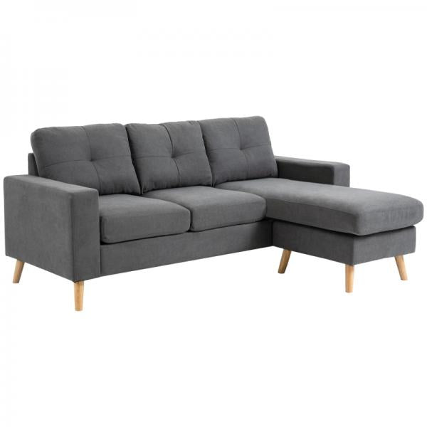 Ecksofa im Skandidesign, mit Knopfheftung, Massivholz, Leinenoptik, Grau - Palo24