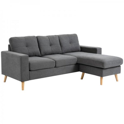 Ecksofa im Skandidesign, mit Knopfheftung, Massivholz, Leinenoptik, Grau - Palo24