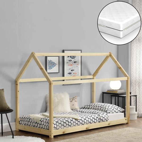 Lit enfant Netstal 70x140 cm avec matelas mousse froide en bois naturel