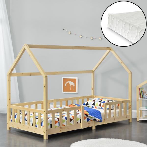 Letto per bambini Sisimiut 90x200 cm con materasso in schiuma fredda legno naturale