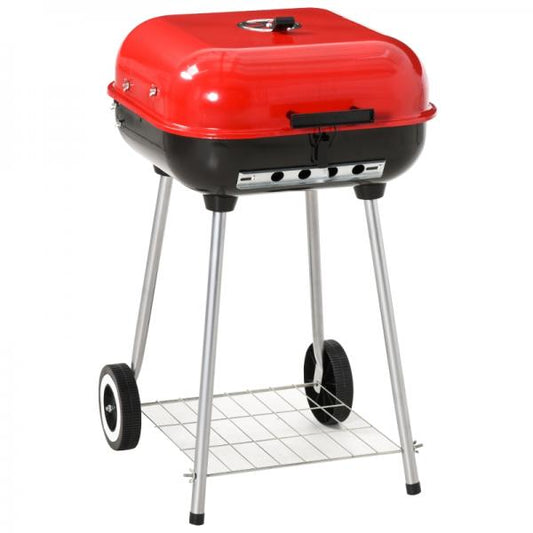 Holzkohlegrill auf Rollen Grillwagen Kugelgrill Rost mit Deckel BBQ Metall Rot