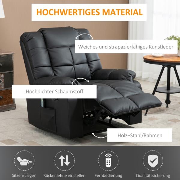 Fauteuil de massage, fauteuil de relaxation, 8 points de vibration, fonction inclinable, cuir artificiel, noir,