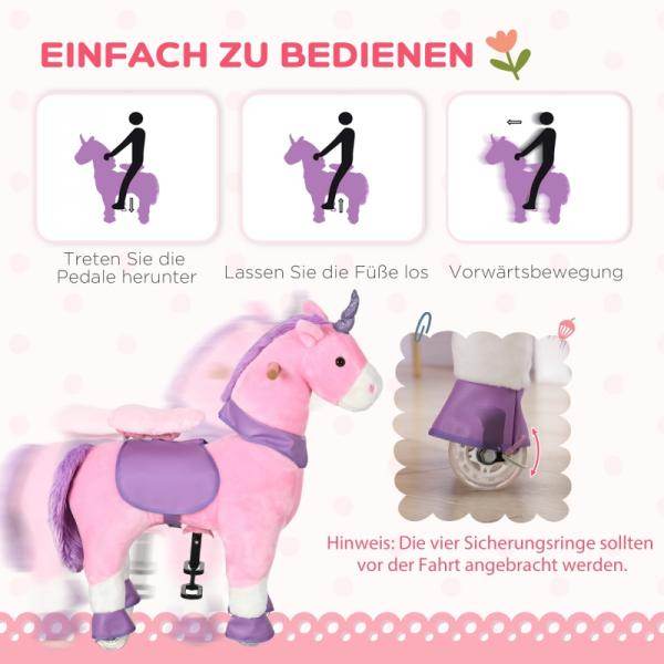 Schaukelpferd Einhorn 4 Rollen 2 Pedale gepolsterter Sattel Pink + Lila + Weiss - Palo24