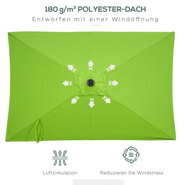 Parasol, Parasol, Inclinable, Alimentation Solaire, 22 LED, Vert, 2,95 x 1,90 x 2,55 m