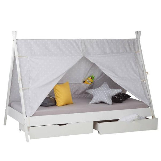 Kinderbett TIPI 90x200 mit 2 Bettkästen Weiss Holzbett Indianer Bett Hausbett Spielbett