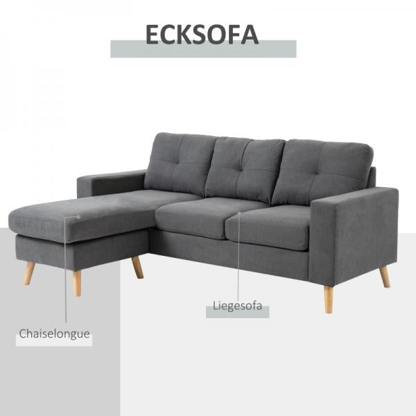 Ecksofa im Skandidesign, mit Knopfheftung, Massivholz, Leinenoptik, Grau - Palo24