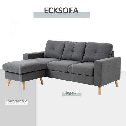 Ecksofa im Skandidesign, mit Knopfheftung, Massivholz, Leinenoptik, Grau - Palo24