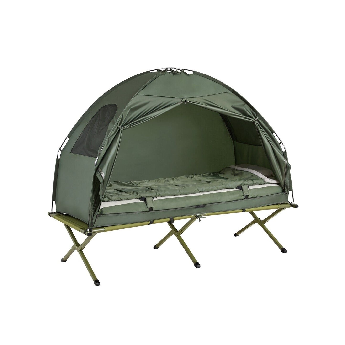 Tenda 4 in 1 per 1 persona, tenda pop-up, lettino da campeggio con sdraio da campeggio, verde