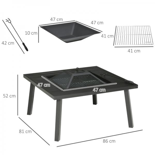 Feuerschale Feuertisch mit Schürhaken Funkenschutz Feuerstelle Stahl Schwarz