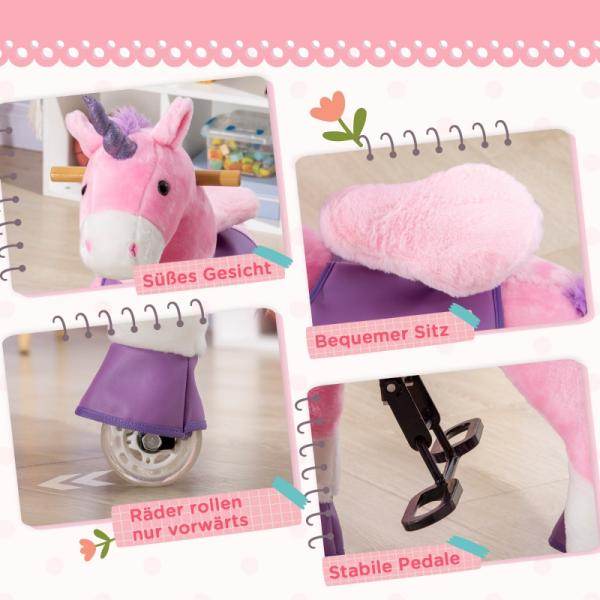 Schaukelpferd Einhorn 4 Rollen 2 Pedale gepolsterter Sattel Pink + Lila + Weiss - Palo24