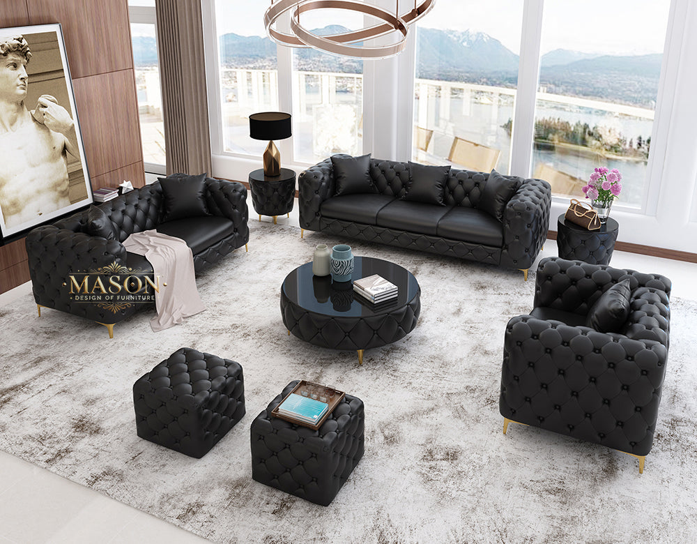 Chesterfield Sofa 3er Set Schwarz Samt