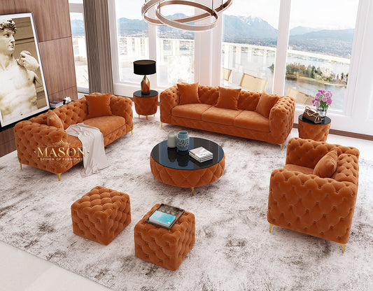 Chesterfield Sofa 3er Set Orange Samt