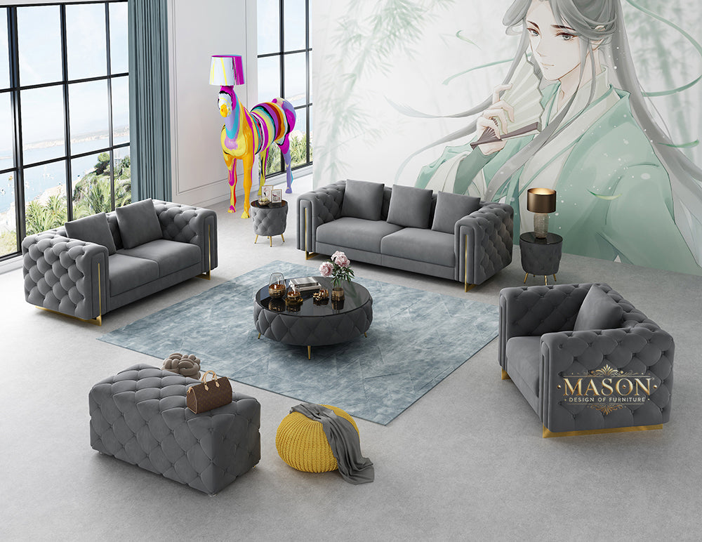 Design Chesterfield Divano 3 posti in velluto grigio