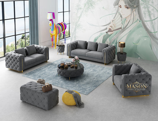 Design Chesterfield 3er Sofa Set Grau Samt