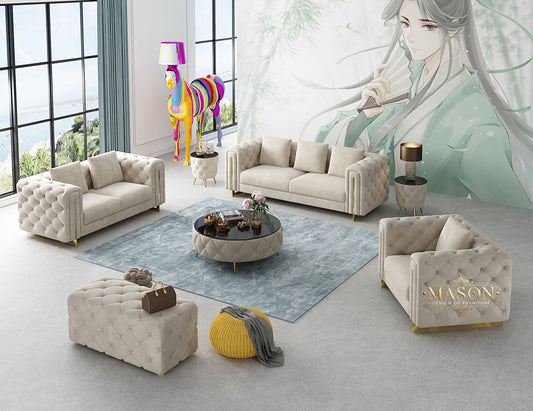 Design Chesterfield 3er Sofa Set Beige Samt