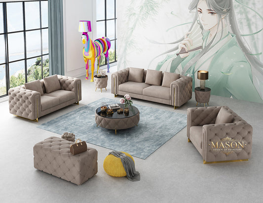 Design Chesterfield 3er Sofa Set Taupe Samt