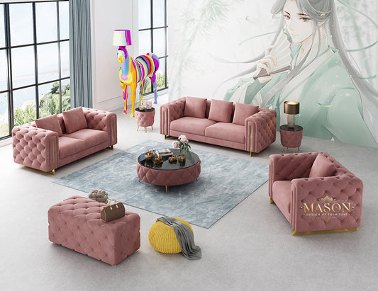 Design Chesterfield 3er Sofa Set Altrosa Samt