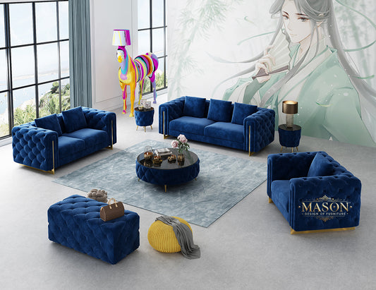 Design Chesterfield 3er Sofa Set Blau Samt