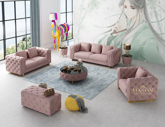 Design Chesterfield 3er Sofa Set Pastellrosa Samt