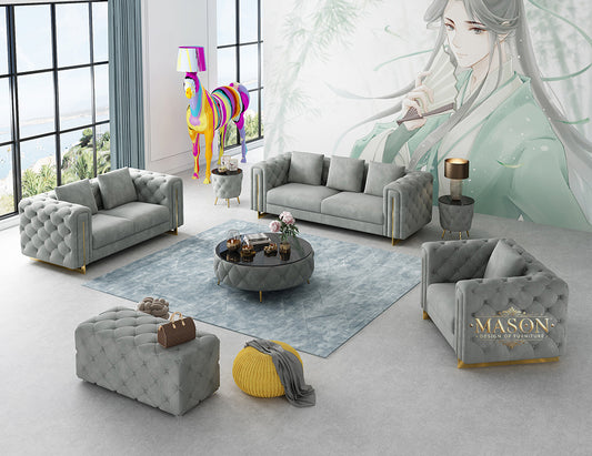 Design Chesterfield 3er Sofa Set Hellgrau Samt