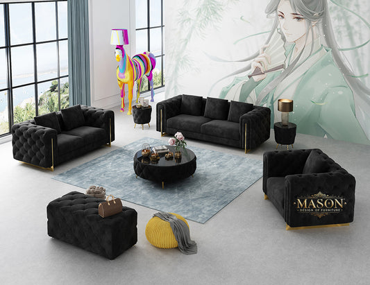 Design Chesterfield 3er Sofa Set Schwarz Samt