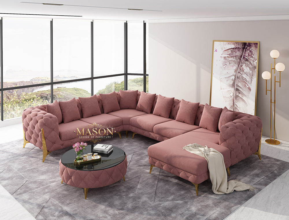 Luxus Sofa Wohnlandschaft U-Form Samt Altrosa