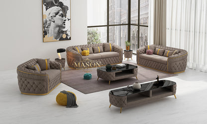 Chesterfield Sofa 3er Set Taupe Samt