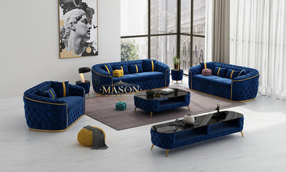 Chesterfield Sofa 3er Set Blau Samt