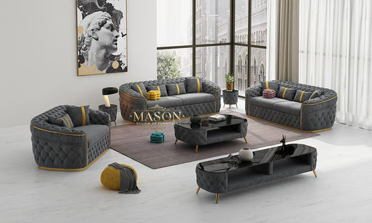 Chesterfield Sofa 3er Set Grau Samt