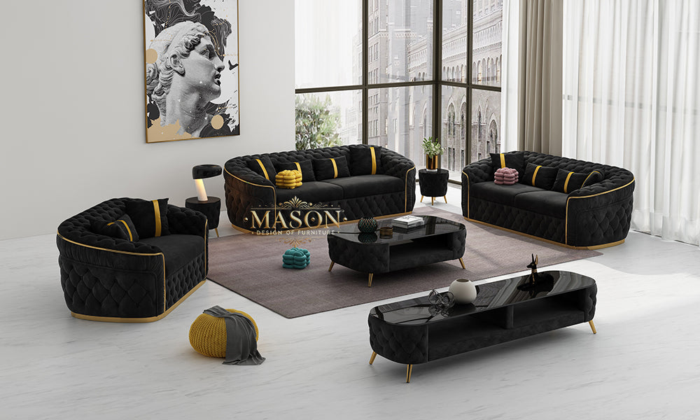 Chesterfield Sofa 3er Set Schwarz Samt