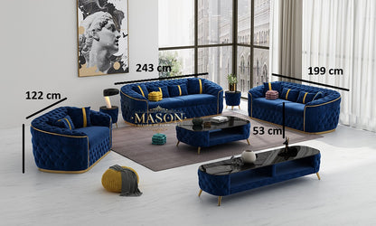 Chesterfield Sofa 3er Set Blau Samt