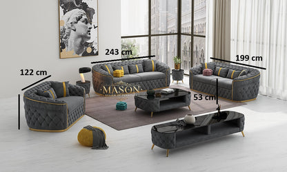 Chesterfield Sofa 3er Set Grau Samt