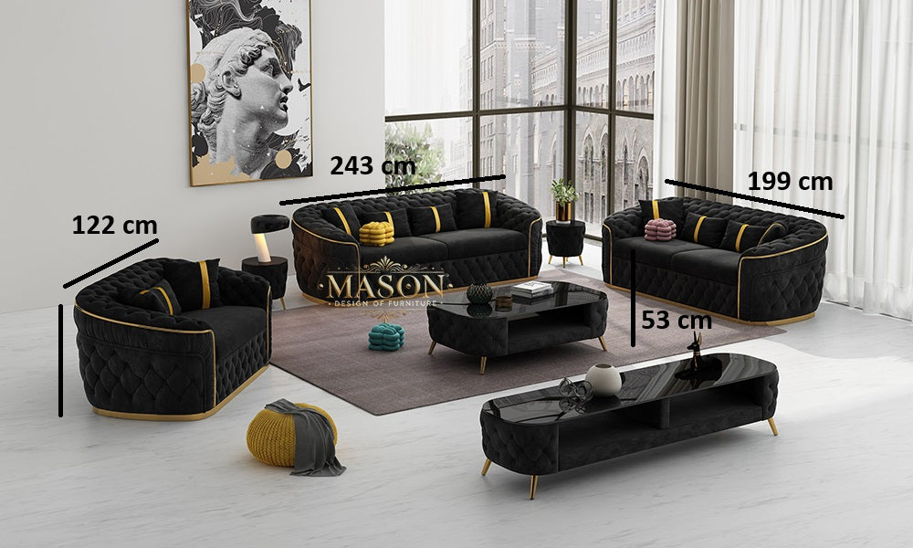 Chesterfield Sofa 3er Set Schwarz Samt