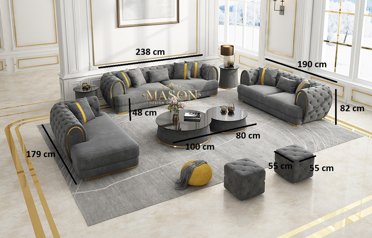 Chesterfield Sofa 3er Set Grau Samt