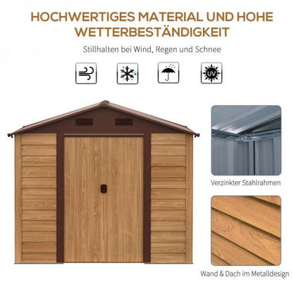 Stahl-Geräteschuppen, verschließbare Doppeltür, Luftschlitze, Holzoptik, Stahlgehäuse