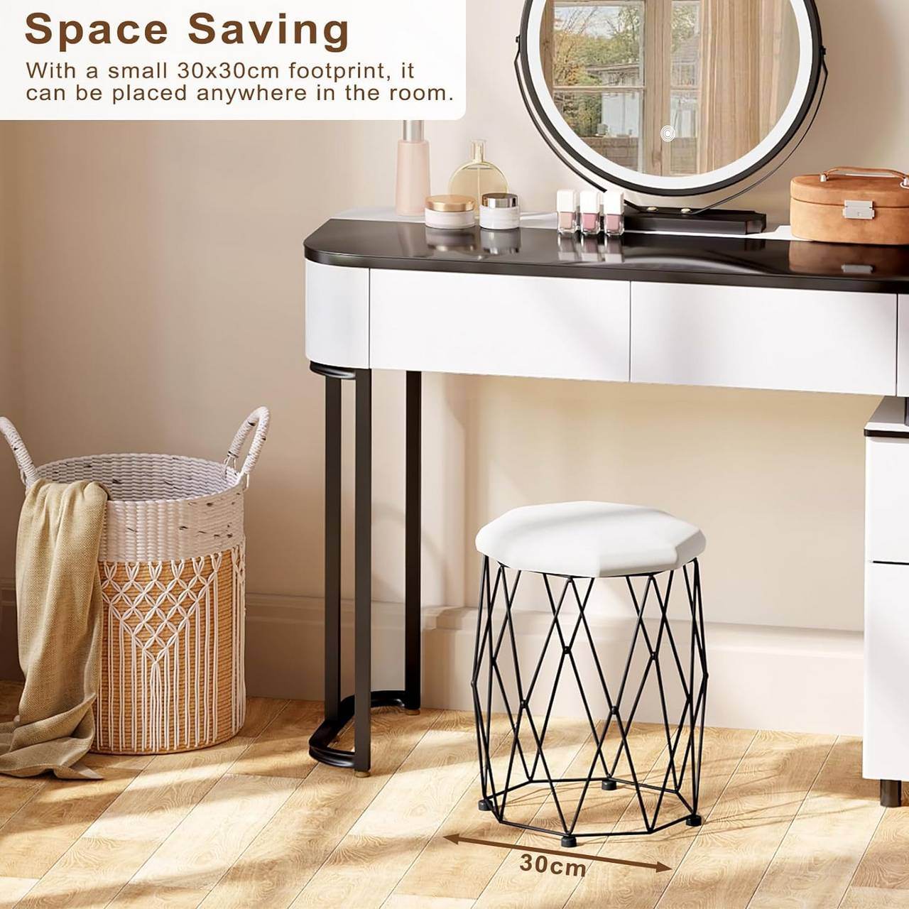 Schminkhocker, Sitzhocker Polsterhocker Samt, mit Metallrahmen, Weiss Schwarz - Palo24